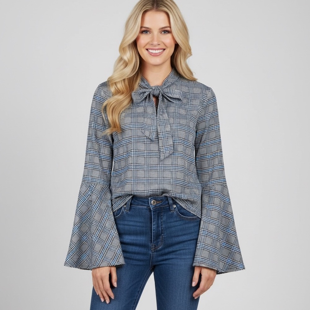 Apt. 9 Gray Plaid Tie-Neck Blouse